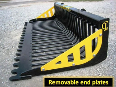 The head of the Rock bucket is fan-shaped and made of black metal with gold accents. The tines of the rake are slightly curved and also gold.